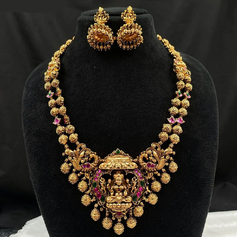 Classic Silver Chain Necklaces-Royal Kundan Jewellery Gold Plated Pota Stone Temple Necklace Set