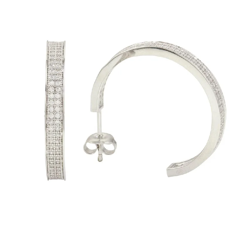 Contemporary Earrings-Rhodium Plated 925 Sterling Silver Semi Hoop Earrings with CZ - GME00003RH