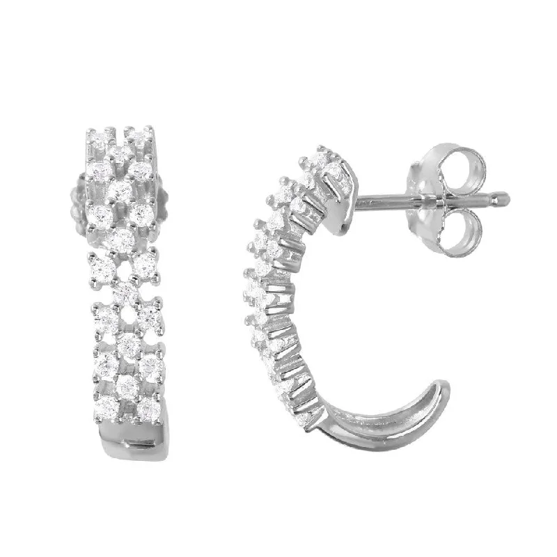 Elegant Gemstone Earrings-Silver 925 Rhodium Plated Thin Checkered CZ Semi-huggie hoop Earrings - ACE00081RH