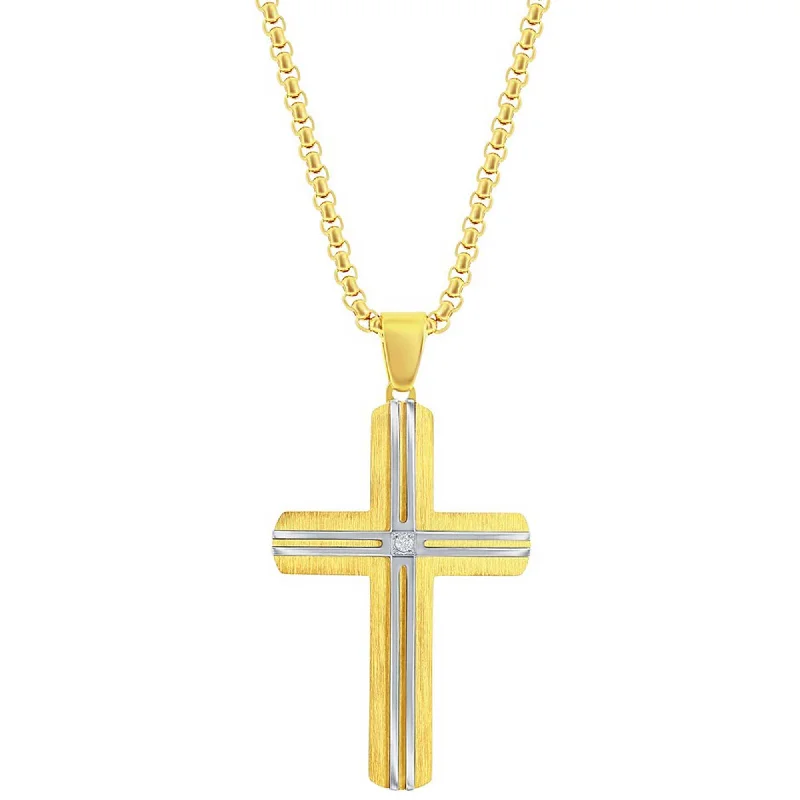 Trendy Personalized Necklaces-Men's Necklace - Stainless Steel Gold and Silver Lined CZ Cross | SL-7130