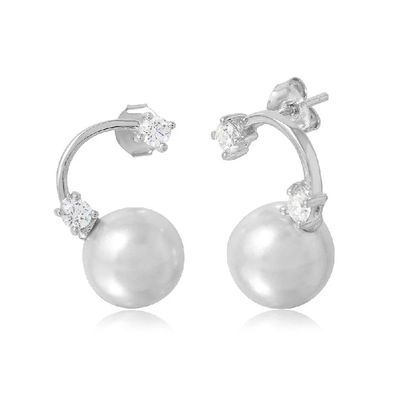 Luxury Stud Earrings-Silver 925 High Polished Hanging Synthetic Pearl Earring with Cubic Zirconia Stones - BGE00489SP