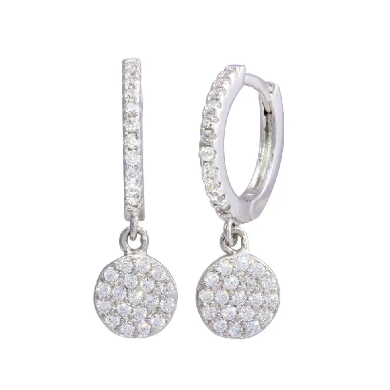 Glittery Silver Earrings-Rhodium Plated 925 Sterling Silver Dangling CZ Disc huggie hoop Earrings - STE01212