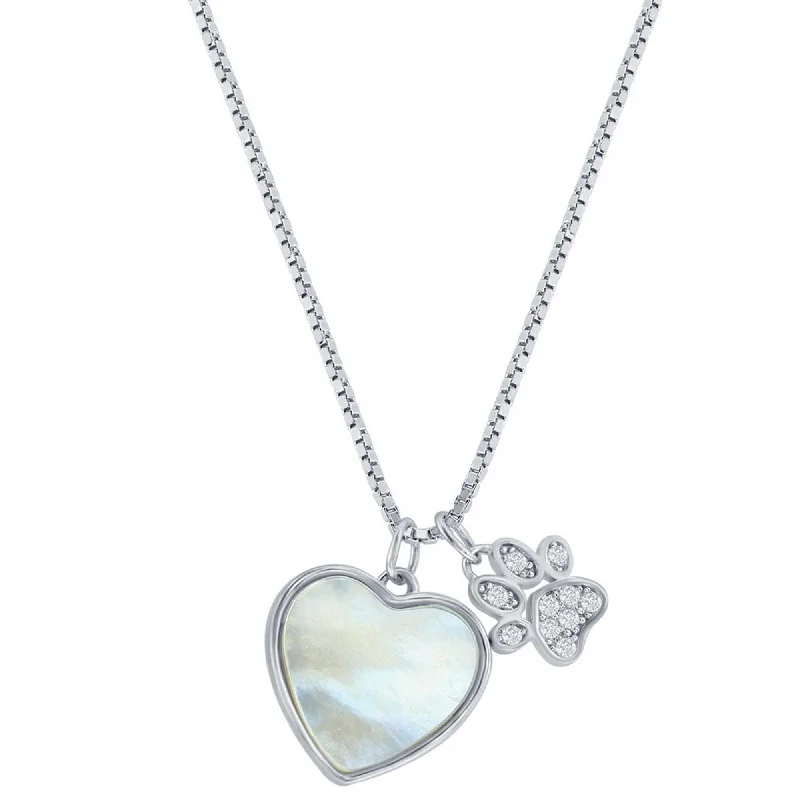 Luxury Diamond Necklaces for Weddings-Classic Women's Necklace - Sterling Silver White MOP Heart and CZ Paw Print | M-7093