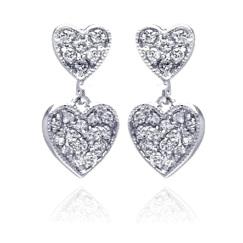 Hoop Earrings for Women-Silver 925 Rhodium Plated Graduated Two Heart CZ Inlay Dangling Stud Earrings - BGE00200