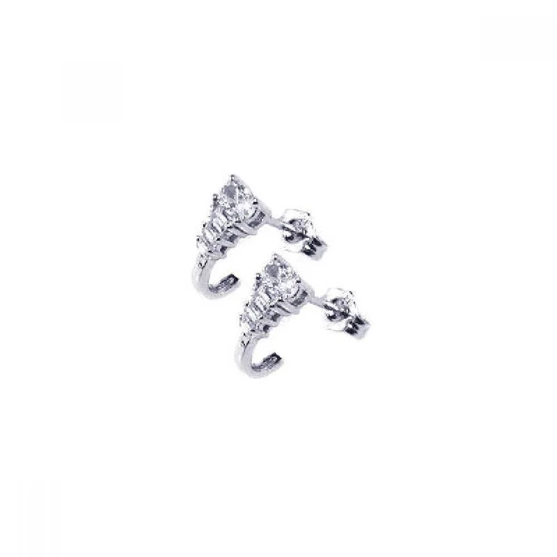 Diamond Hoop Earrings-Silver 925 Rhodium Plated Micro Pave Clear J Hook CZ Post Stud Earrings - ACE00026