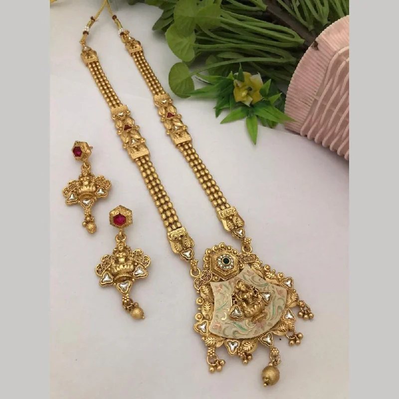 Modern Choker Necklaces-FS Collection Gold Plated Pota Stone Meenakari Temple Long Necklace Set