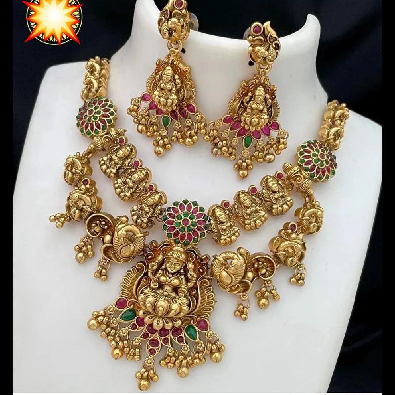 Long Gemstone Necklaces-Manisha Jewellery Gold Plated Pota Stone Temple Necklace Set