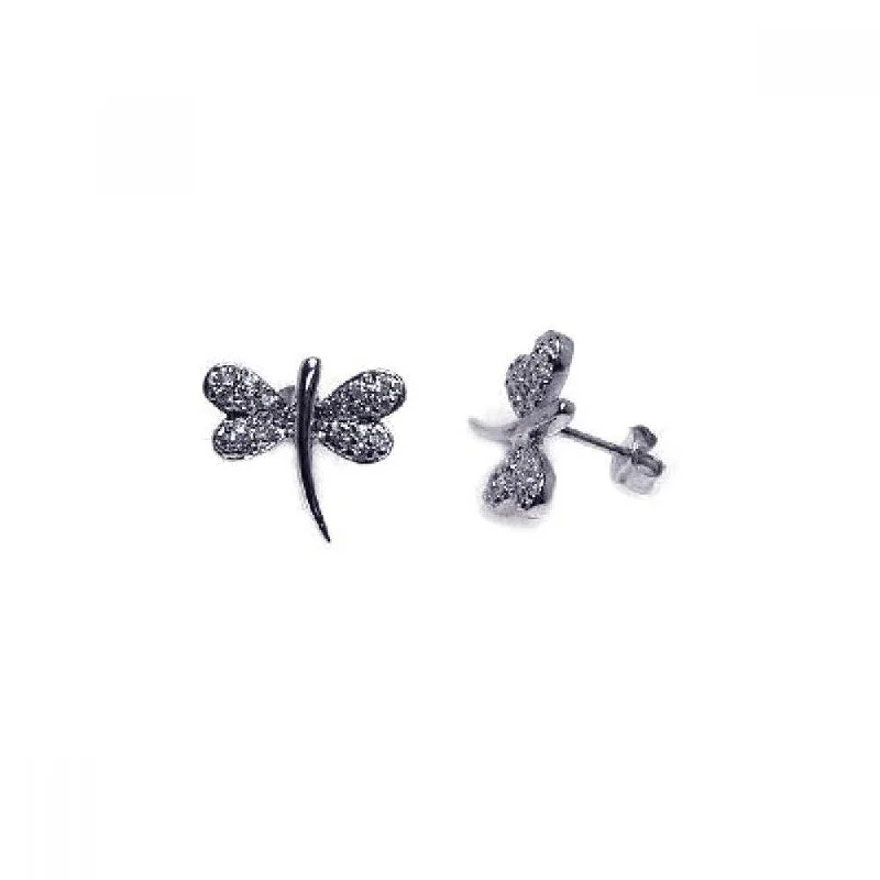 Silver and Gold Earrings-Silver 925 Rhodium Plated CZ Dragonfly Stud Earrings - STE00049