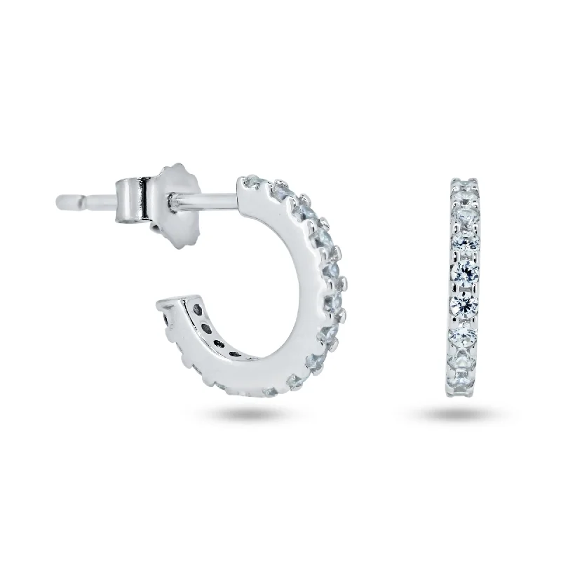 Luxury Silver Earrings-Sterling Silver Rhodium Plated CZ Huggie Semi Hoop Earrings - STE01349