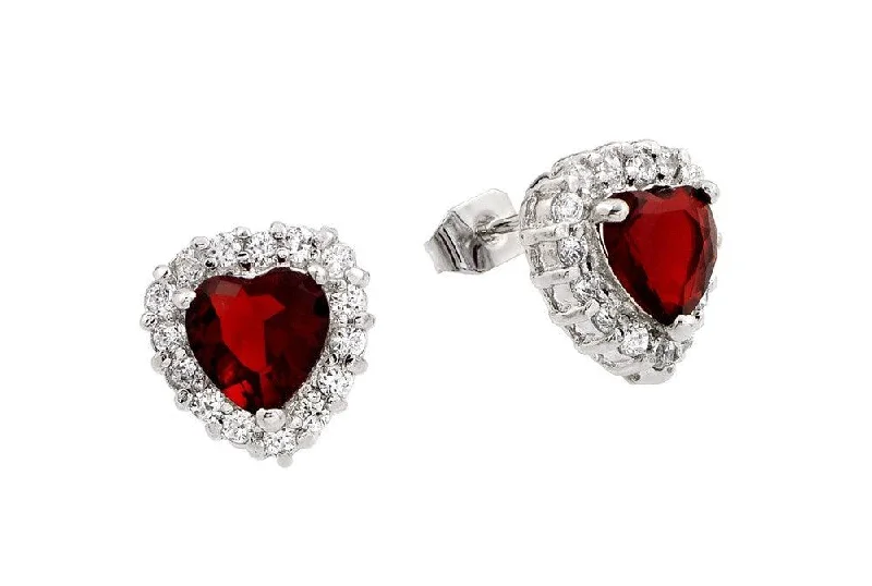 Gold Leaf Earrings-Silver 925 Rhodium Plated Red Heard CZ Stud Earrings - BGE00367R