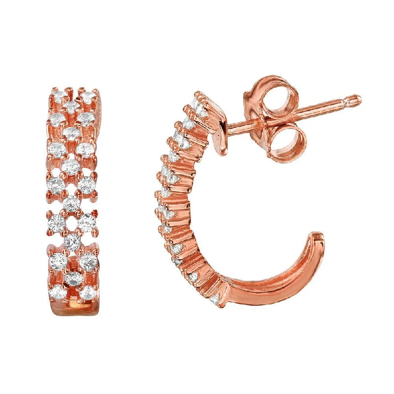 High-Quality Gold Earrings-Silver 925 Rose Gold Plated Thin Checkered CZ Semi-huggie hoop Earrings - ACE00081RGP