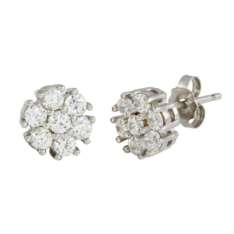 Fine Gold Earrings-Rhodium Plated 925 Sterling Silver CZ Flower Stud Earrings - STE01086