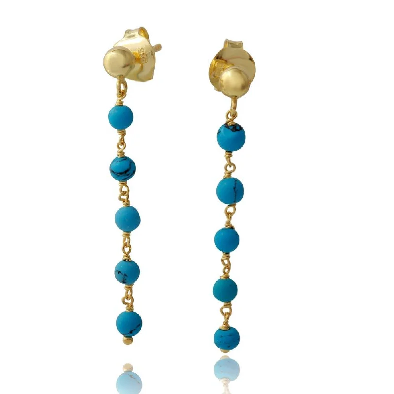 Gold Plated Earrings-Gold Plated 925 Sterling Silver Dangling Earrings with 5 Turquoise Beads - DIE00006GP-TQ