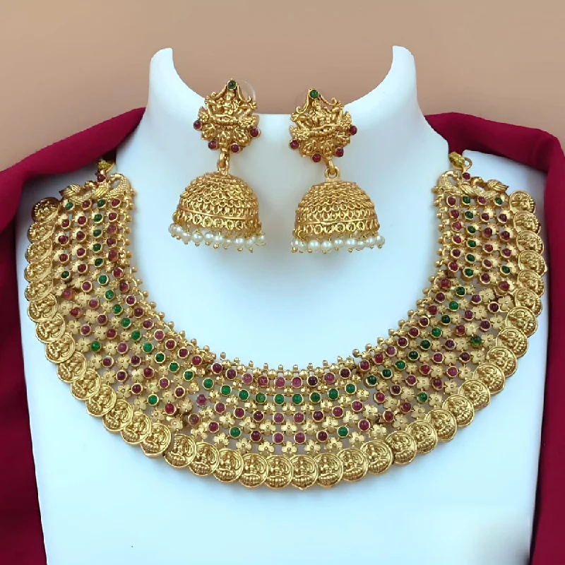 Vintage Diamond Necklaces-Joyful Jewel Art Matte Gold Plated Pota Stone Temple Necklace Set