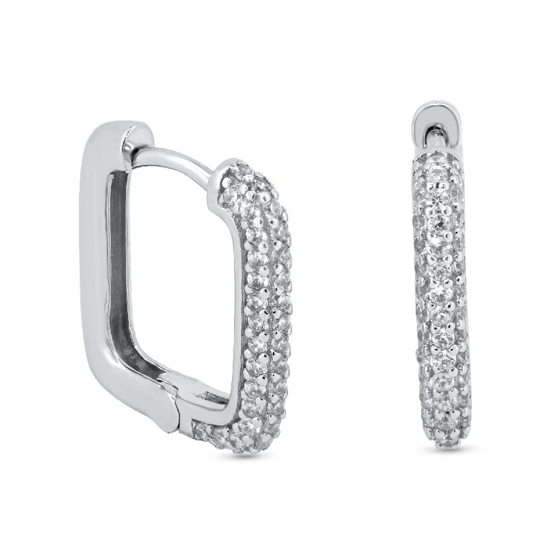 Simple Diamond Earrings-Rhodium Plated 925 Sterling Silver Square CZ Hoop Earrings - GME00123