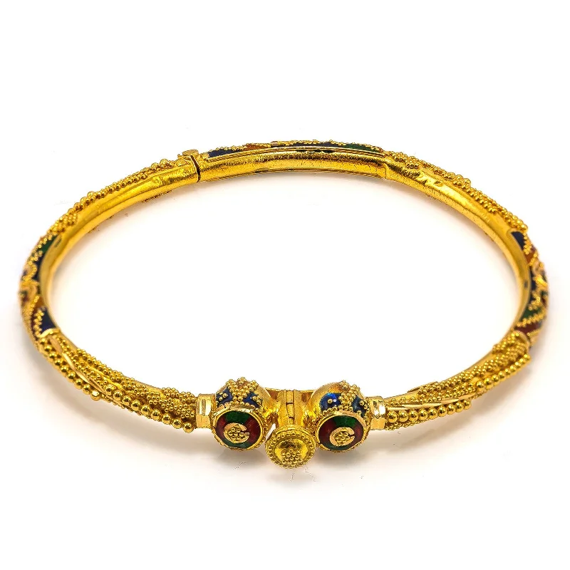 Traditional Wedding Bangles-22K Yellow Gold Bangle W/ Bead Ball Accents & Hand Painted Details