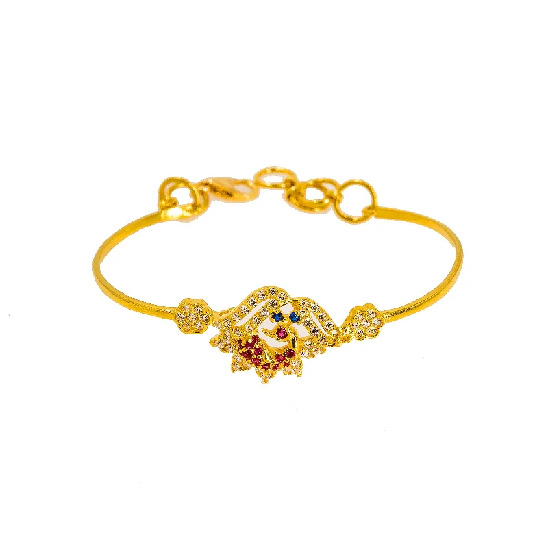 Dainty Gemstone Bangle Bracelets-22K Yellow Gold Baby Bangle W/ CZ Gems, Ornate Peacock & Small Flower Accents