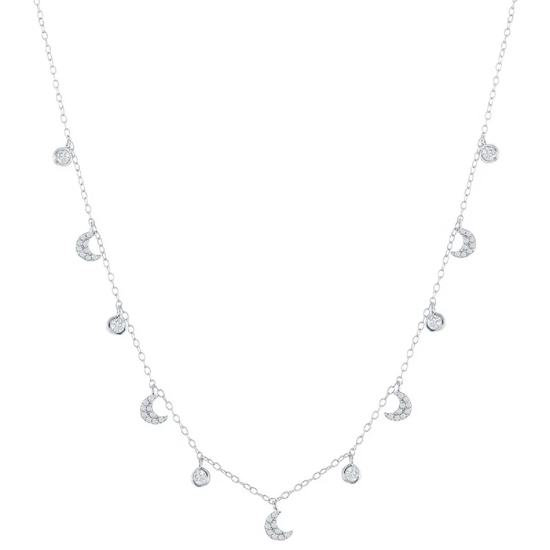 Simple Silver Necklaces-Classic Women's Necklace - Sterling Silver Station Round & Crescent Moon CZ | M-6809