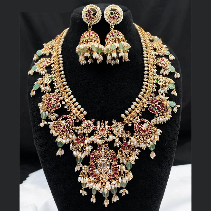 Modern Infinity Necklaces-Royal Kundan Jewellery Gold Plated Pota Stone And Pearls Temple Necklace Set