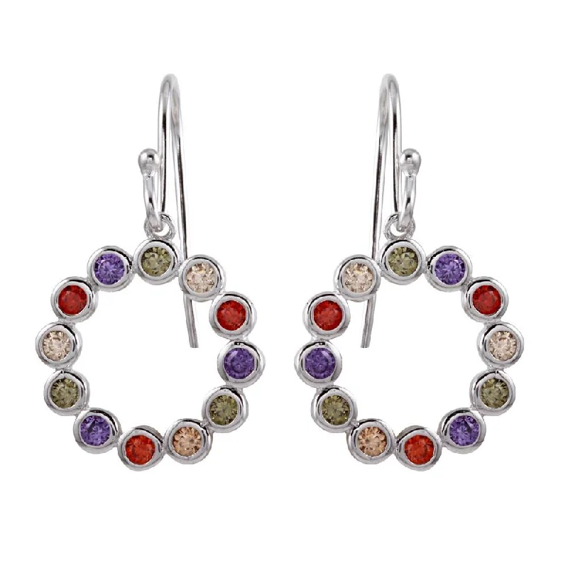 Artistic Hoop Earrings-Rhodium Plated 925 Sterling Silver Multi-Colored CZ Open Circle Earrings - STE01140