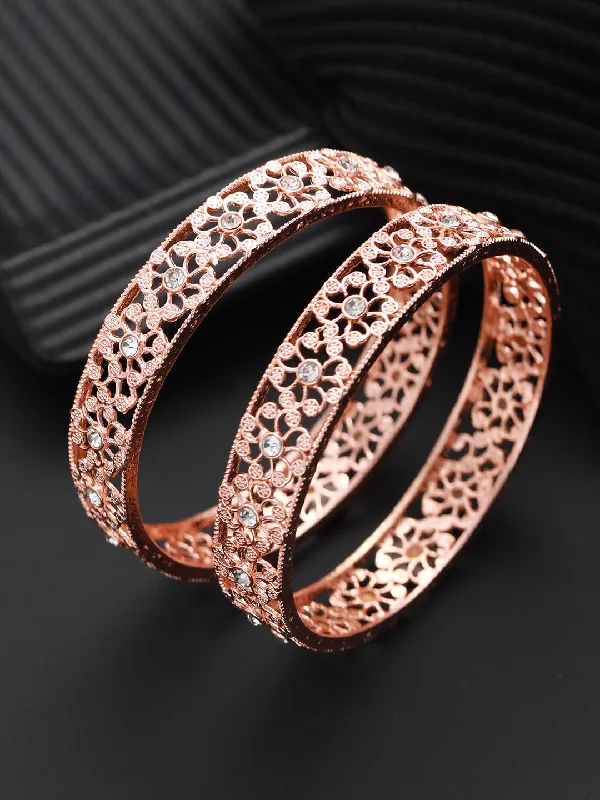 High-End Silver Bangles-Set Of 2 Rose Gold-Plated Cubic Zirconia Studded Bangles