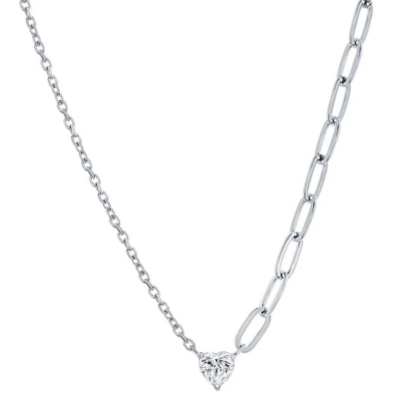 Trendy Heart Shape Necklaces-Classic Women's Necklace - Sterling Silver White CZ Heart and Half Paperclip | M-7077