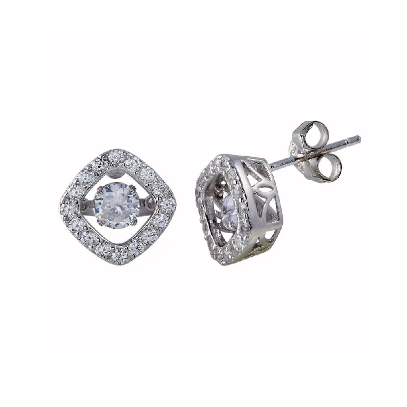 Boho Chic Earrings-Rhodium Plated 925 Sterling Silver Square Dancing CZ Stud Earrings - STE01126