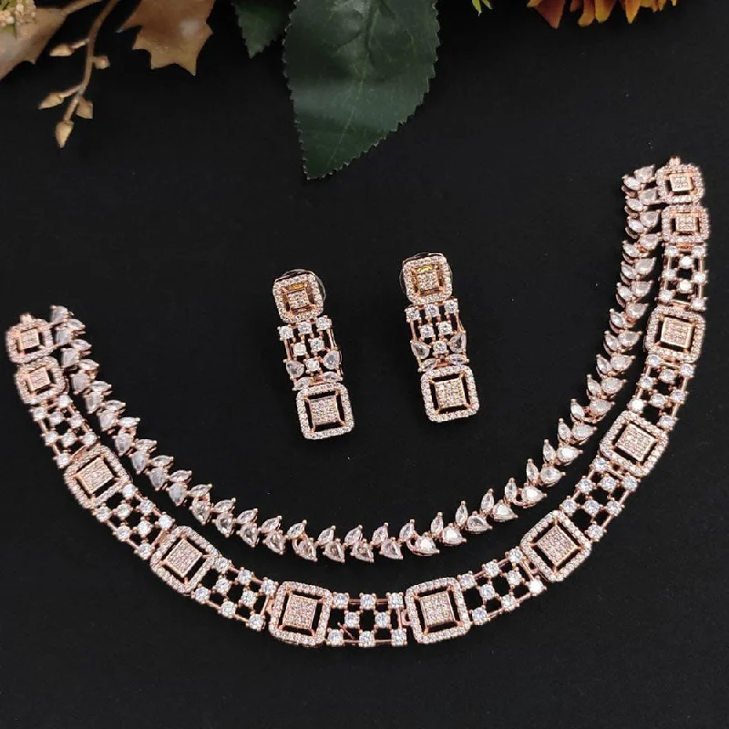 Gold Choker Necklaces-Kavita Art Rose Gold Plated American Diamond Necklace Set