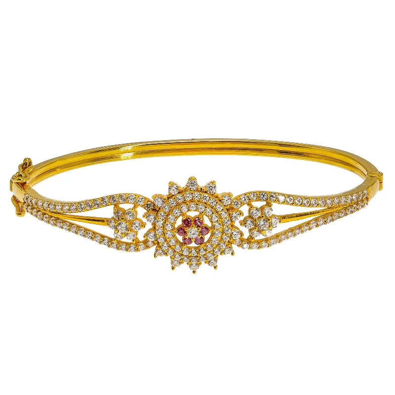 Gorgeous Wedding Bangle Bracelets-22K Yellow Gold Bangle W/ CZ Gems, Rubies & Open Flower Design