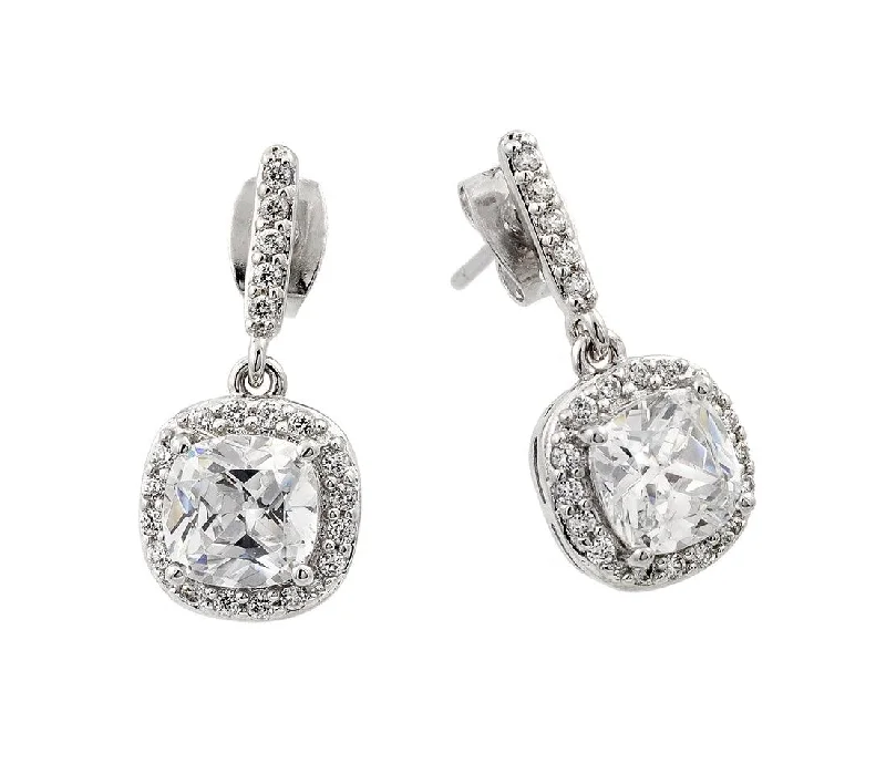 Simple Earrings for Everyday-Rhodium Plated 925 Sterling Silver Hanging Square Halo CZ Earrings - BGE00430