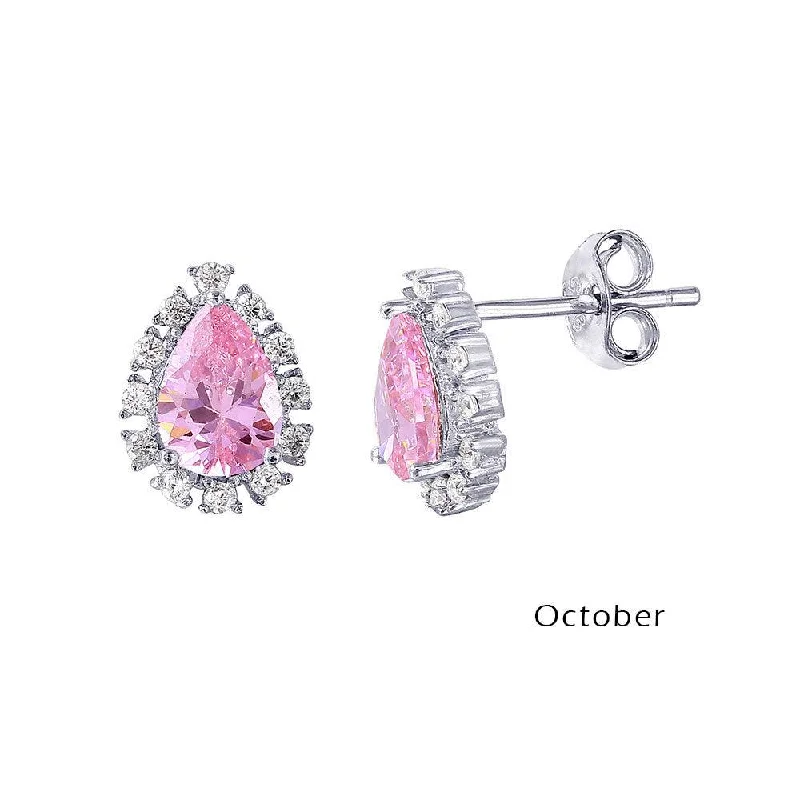 Fashionable Hoop Earrings-Rhodium Plated 925 Sterling Silver Teardrop Halo CZ Birthstone Earrings October - STE01027-OCT