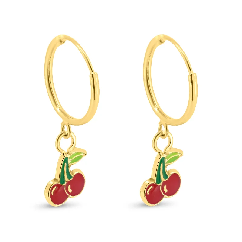 Vintage Style Earrings-14E00406. - 14 Karat Yellow Gold Cherry Hoop Earrings