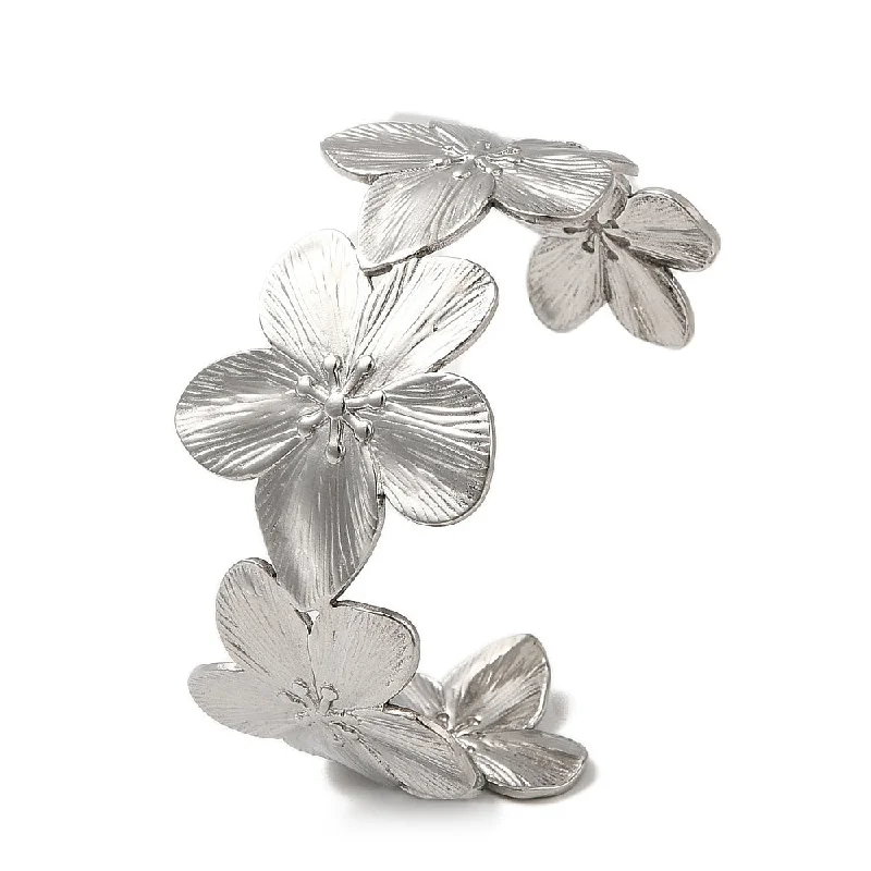 Simple Wedding Bangles-Stainless Steel Flower Cuff Bangle