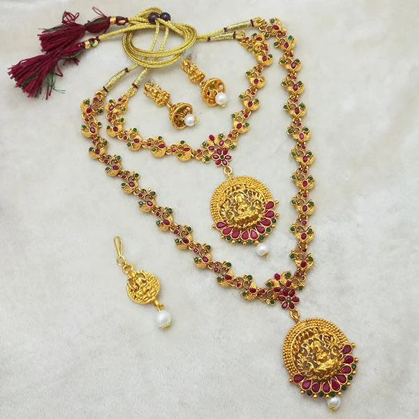 Designer Choker Necklaces-Darshana Jewels Maroon Stone Double Gold Plated Necklace Set