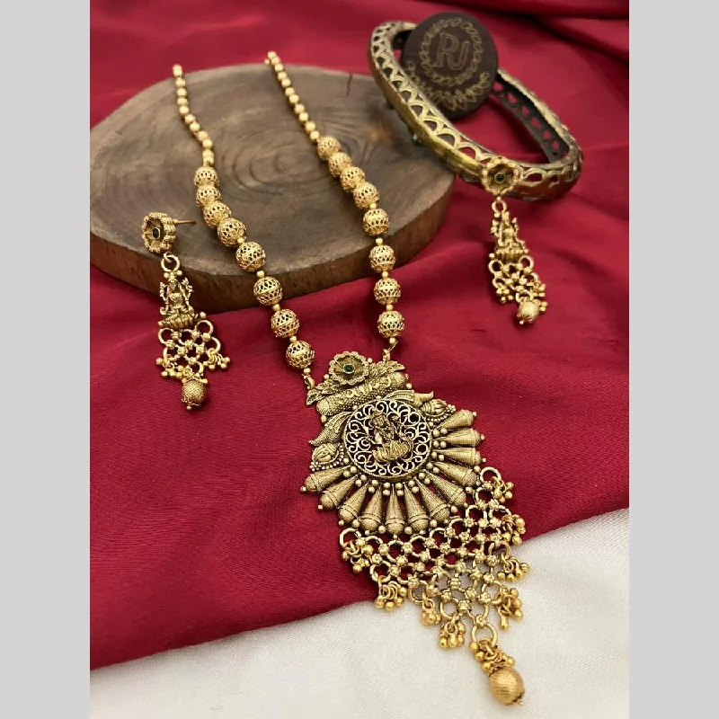 Trendy Silver Chain Necklaces-FS Collection Gold Plated Pota Stone And Pearls Temple Long Necklace Set