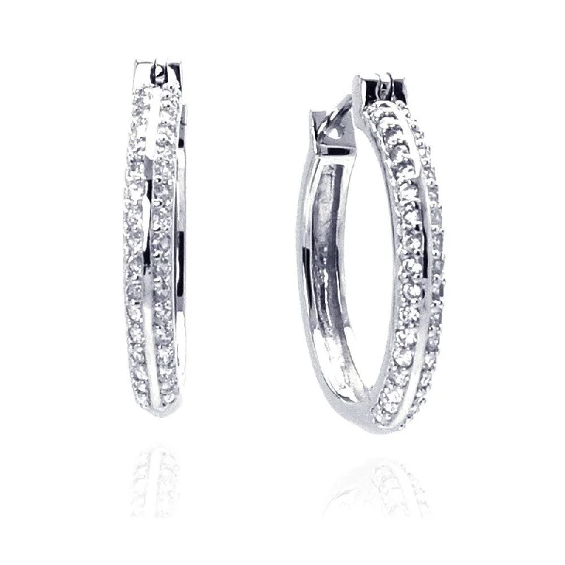 Stylish Earrings for Brides-Silver 925 Rhodium Plated Micro Pave Clear CZ Hoop Earrings - ACE00013