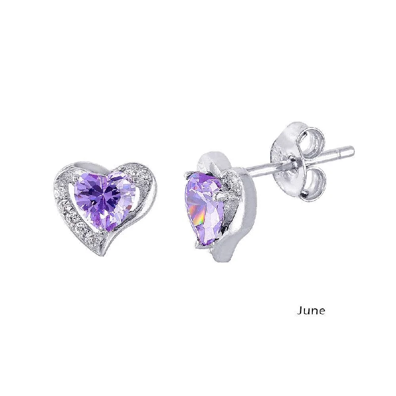 Wedding Drop Earrings-Rhodium Plated 925 Sterling Silver Heart with Birthstone Center Stud Earrings June - STE01028-JUN