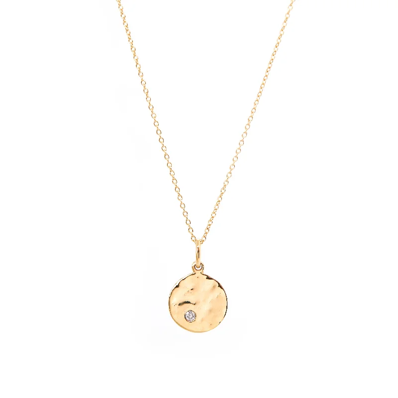 Unique Pendant Necklaces-Mini Disc with Diamond Pendant Necklace, Solid Gold