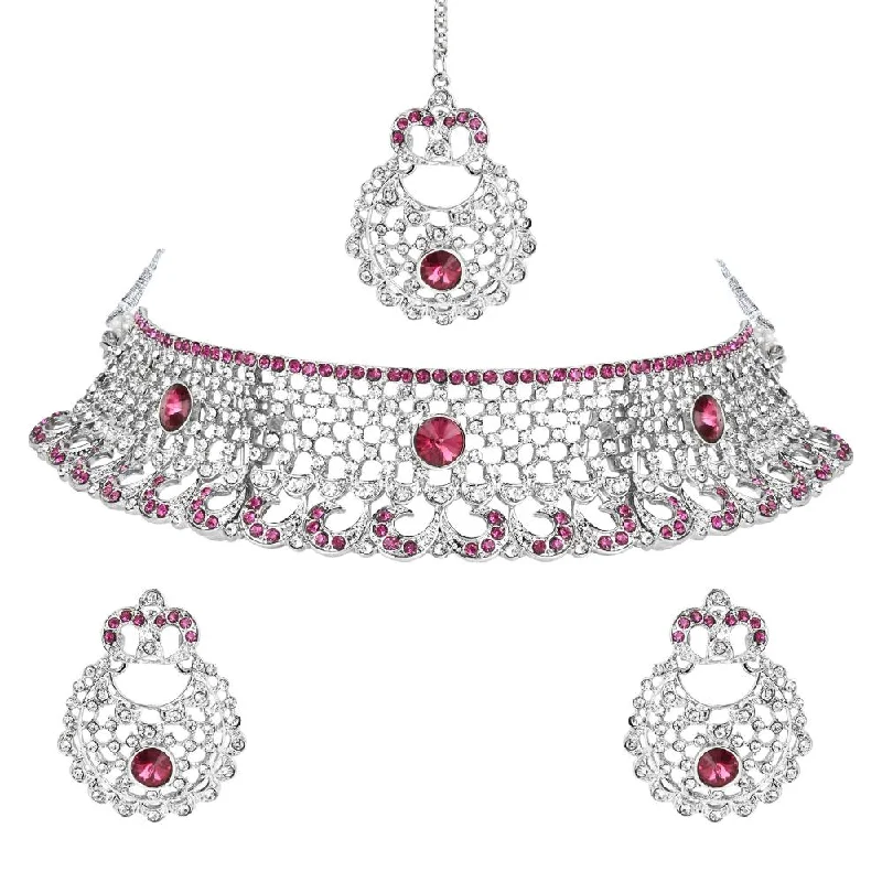 Luxury Diamond Necklaces for Weddings-Etnico Silver Plated Traditional Design Stone Work Choker Necklace Jewellery Set With Chandbali Earring & Maang Tikka For Women/Girls (M4171ZWi)