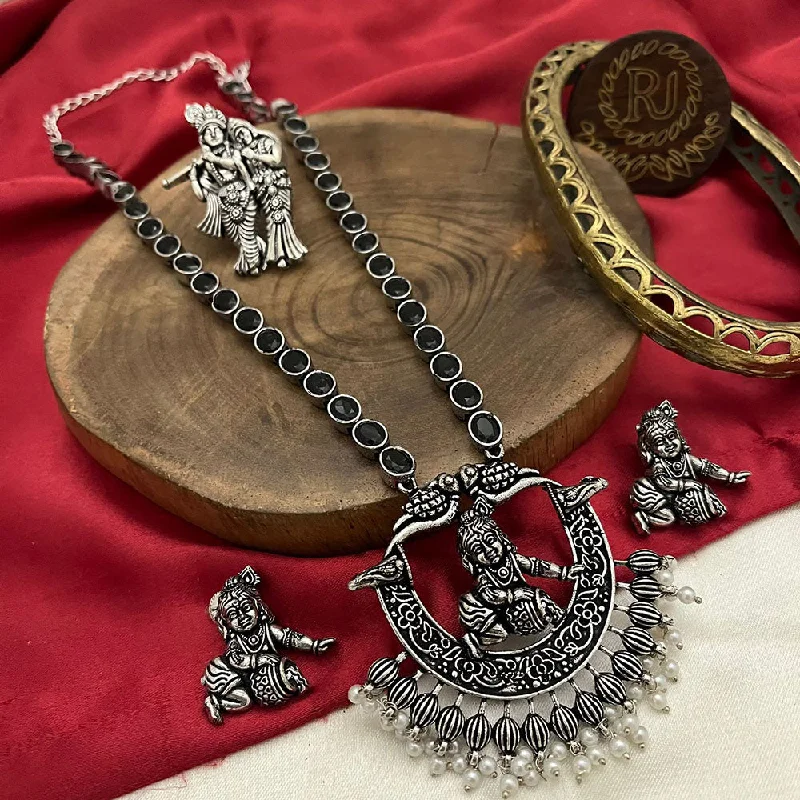 Heart-Shaped Diamond Necklaces-FS Collection Oxidised Plated Pota Stone Temple Long Necklace Set