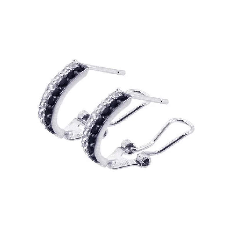 Statement Earrings-Silver 925 Rhodium Plated Black and Clear Crescent CZ Hoop Earrings - BGE00045