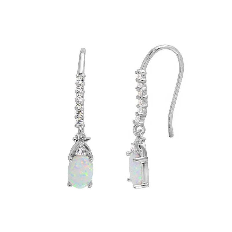 Silver Hoop Earrings-Rhodium Plated 925 Sterling Silver Dangling Oval Opal with CZ Earrings - BGE00499