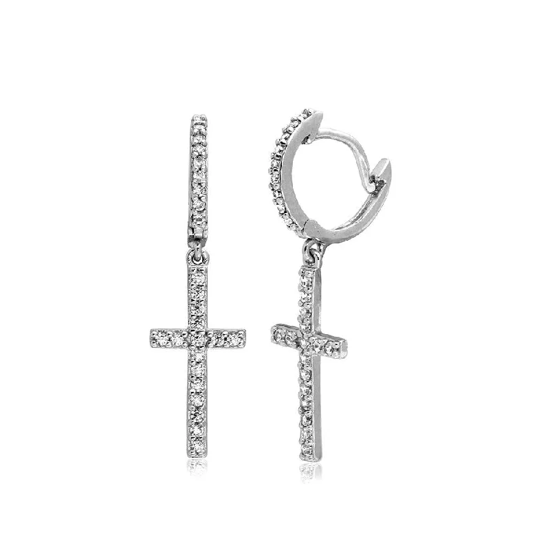 Retro Style Earrings-Rhodium Plated 925 Sterling Silver Hanging CZ Cross huggie hoop Earrings - BGE00495