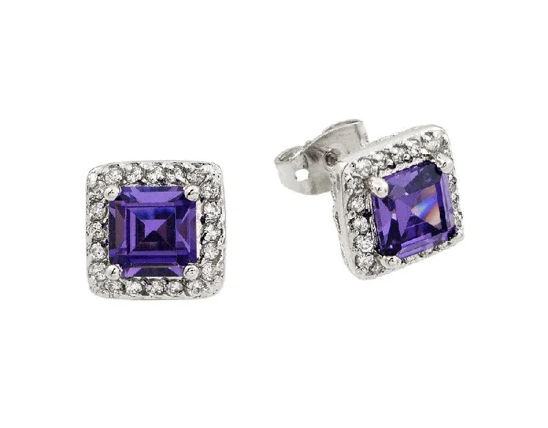 Colorful Earrings for Women-Silver 925 Rhodium Plated Purple Square CZ Stud Earrings - BGE00359P