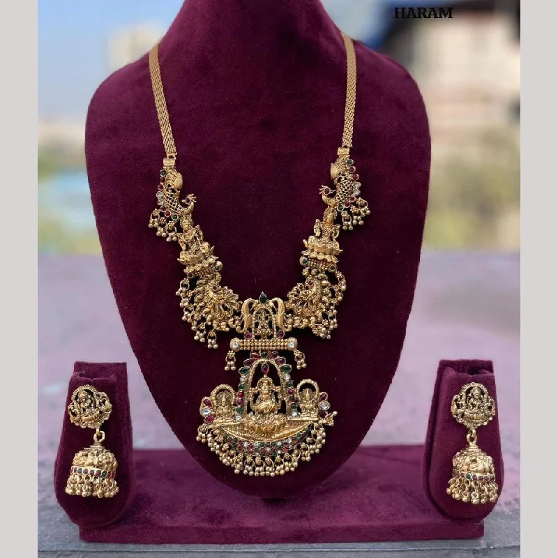 Personalized Gold Necklaces-FS Collection Gold Plated Pota Stone Temple And Pearls Long Necklace Set