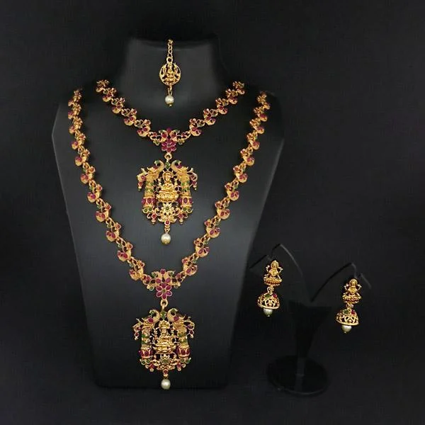 Beautiful Gemstone Chain Necklaces-Darshana Jewels Double Gold Plated Multi Stones Necklace Set -FAP0273A