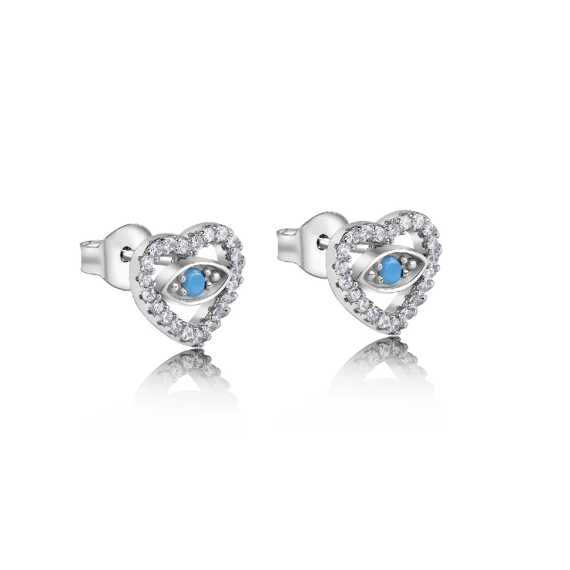 Simple Pearl Earrings-Rhodium Plated 925 Sterling Silver Evil Eye Heart Clear CZ Stud Earrings - BGE00750