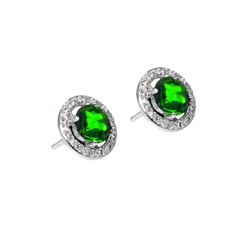 Large Silver Hoop Earrings-Silver 925 Rhodium Plated Green and Clear Round Pave CZ Stud Earrings - BGE00334