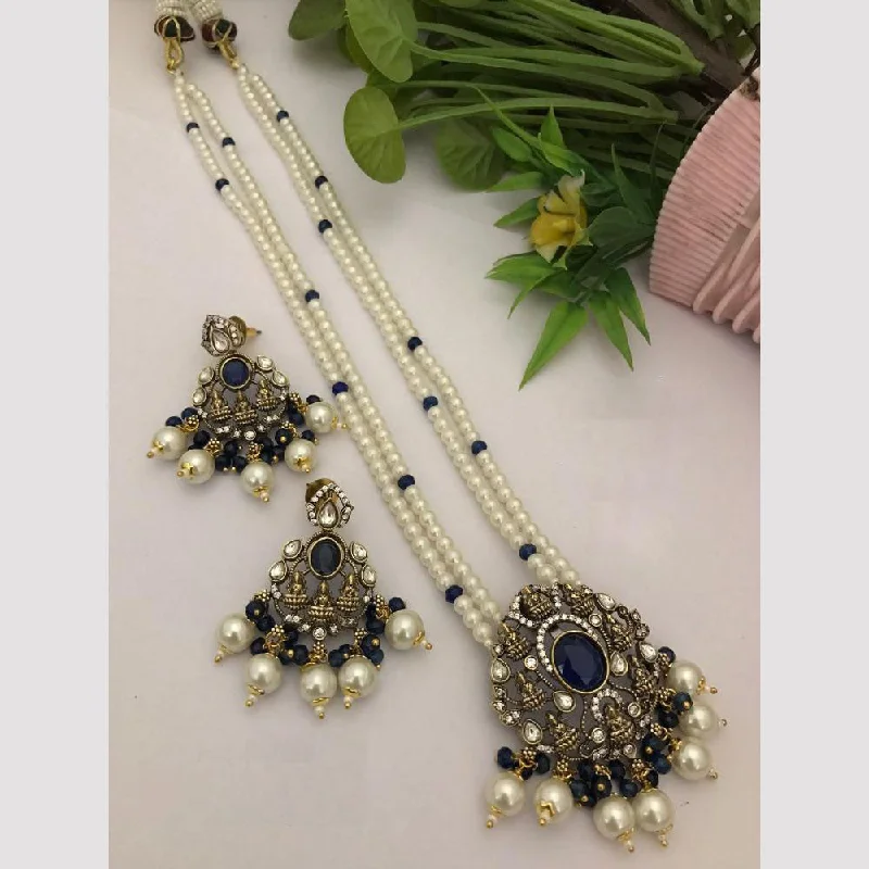 Trendy Choker Necklaces-FS Collection Gold Plated Kundan Stone And Temple Long Necklace Set