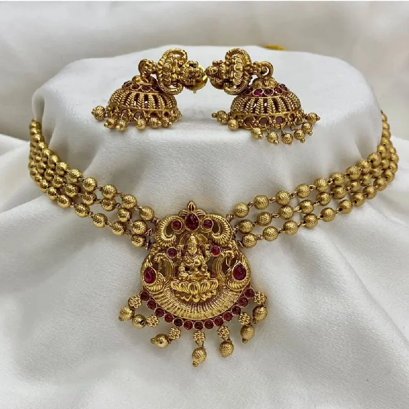 Classic Diamond Necklaces-Joyful Jewel Art Matte Gold Plated Pota Stone Temple Choker Necklace Set